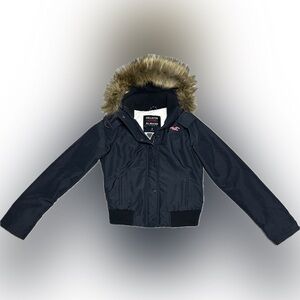 Navy Blue Hollister All-Weather Bomber Jacket w/Faux Fur Hood